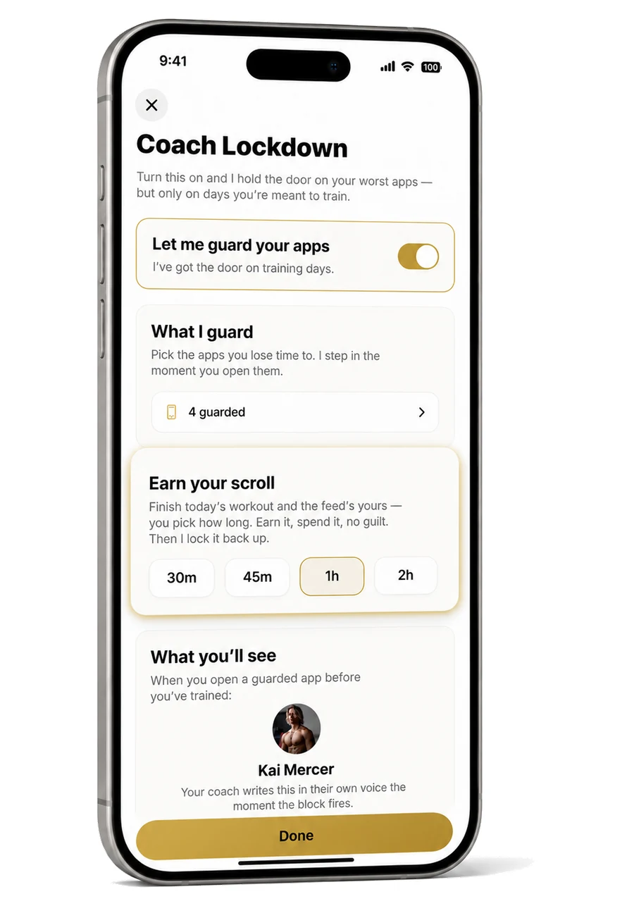 Coach Lockdown holding your chosen apps shut until you train, inside Nirfit